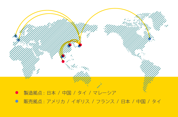 製造拠点 : 日本/中国/タイ/マレーシア 販売拠点 : アメリカ/イギリス/フランス/日本/中国/タイ